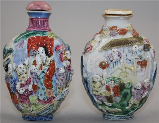 Two Chinese moulded famille rose snuff bottles, 1820-50, 7.5 and 7.8cm, Richards no.s 46 and 454